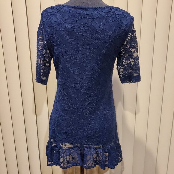 Style & Co. Blue Quarter Sleeve Lace Ruffle Hem Top Women's Medium Petite - Picture 4 of 9